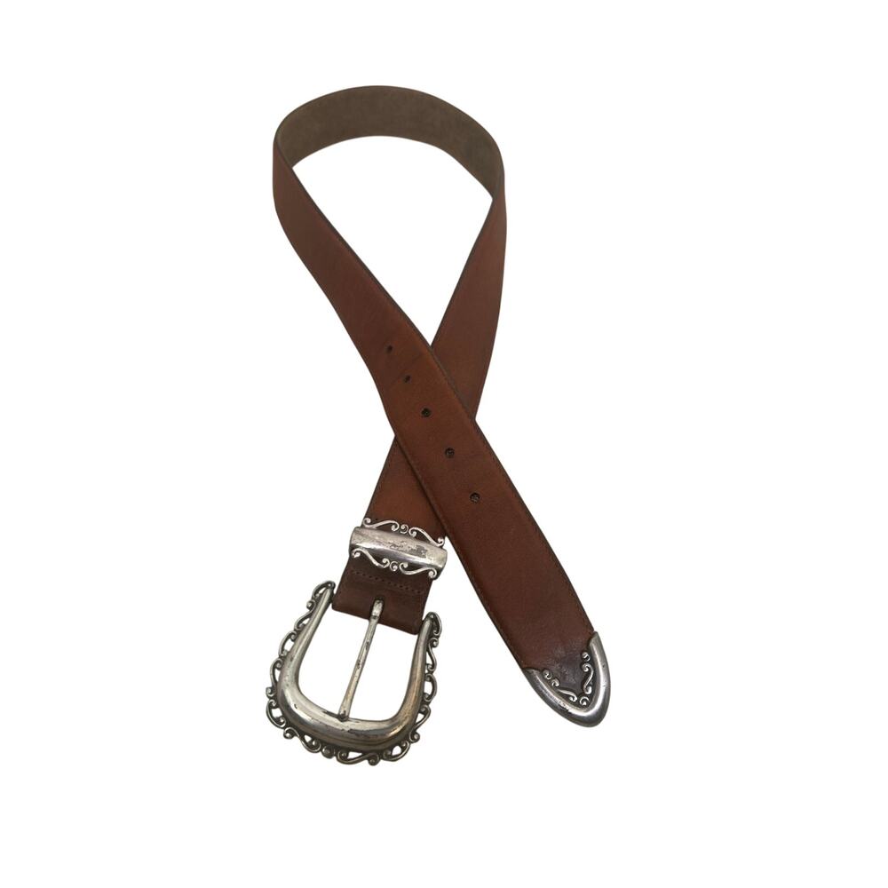 VTG 1990s Brighton Brown Leather Belt Silver Western Buckle Made USA Leather M
